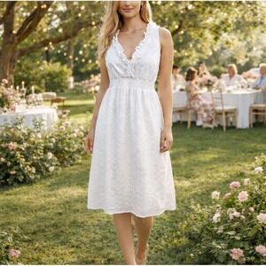 Old Navy Women Y2k Babydoll Eyelet Dress L Ruffle Smocked White Coquette NWT